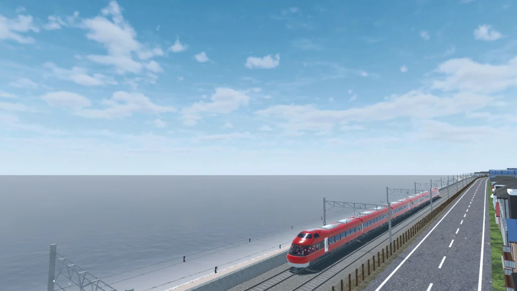 海岸沿いの線路を走る特急列車のゲーム画面